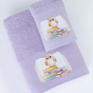 Παιδικές  Πετσέτες Σετ 2τμχ Owl Λιλά 70x120+30x50cm  Borea